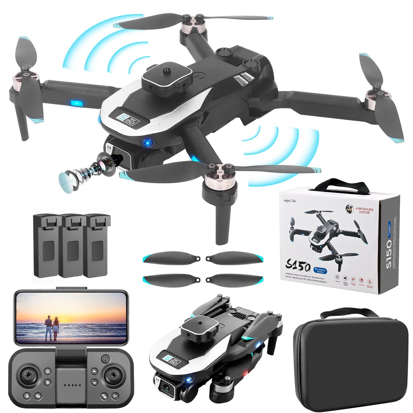 Drone with 1080P HD Dual Camera for Adults, Black RC Quadcopter with 3 Modular Batteries for 36 Mins Long Flight, Brushless Motor, Altitude Hold, Optical  Position, Auto Return Home,Carrying Case