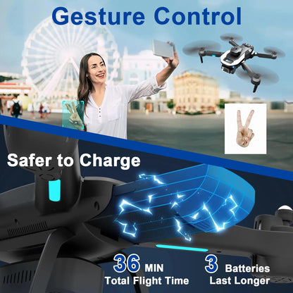 Drone with 1080P HD Dual Camera for Adults, Black RC Quadcopter with 3 Modular Batteries for 36 Mins Long Flight, Brushless Motor, Altitude Hold, Optical  Position, Auto Return Home,Carrying Case