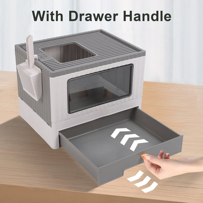 Enclosed Cat Litter Box Large with Lid Cover&Litter Scoop Foldable Cat Toilet Cat Self-Grooming Side Panel w/ Easy Cleaning Tray