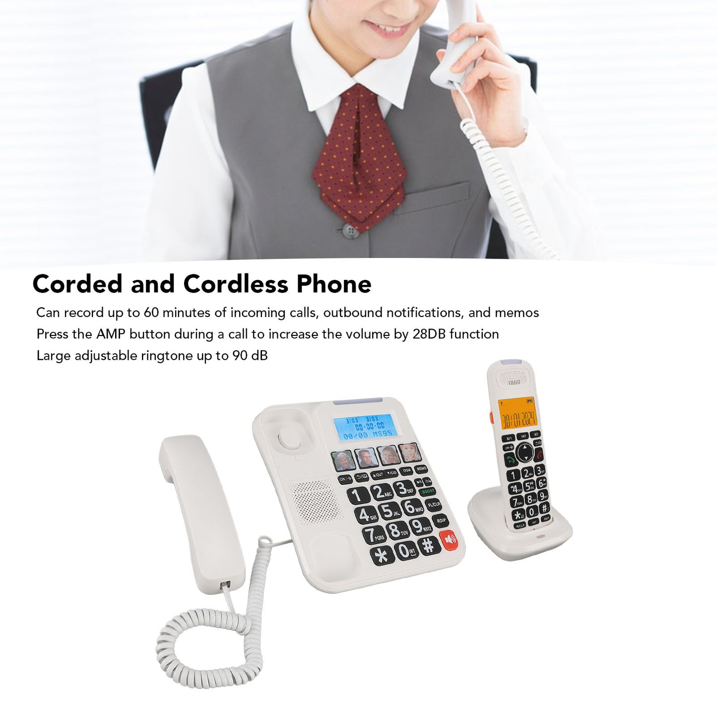 Expandable Corded/Cordless Phone System with Answering Machine, Big Button Senior Phone with Caller ID/Call Blocking & Handset/Amplified Speakerphones, Landline Business Telephones, White