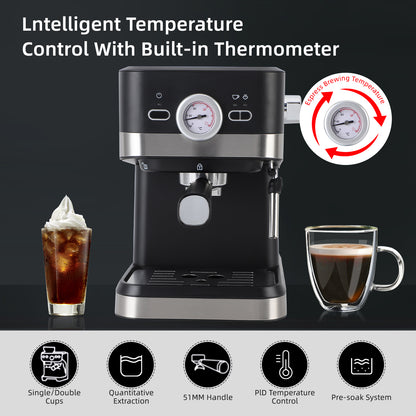 Espresso Machine 20 Bar, 1.5L Water Tank Pressure Gauge Milk Frother Steam, Stainless Steel Coffee Maker for Espresso, Latte, Mocha, Americano, 1050W, Black