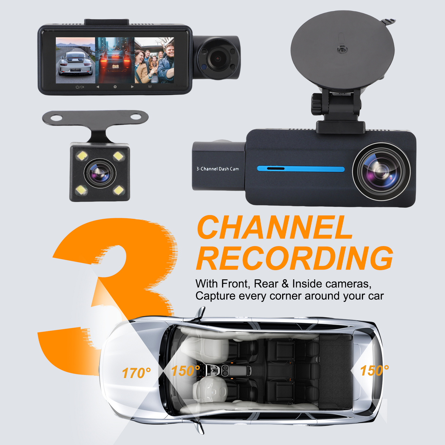 3 Channel Dual Dash Cam, Front Rear 4K/2.5K+1440P 3.16" Full HD With 64GB Card Car Dashboard Recorder IPS Screen ,Night Vision Wide Angle, G-Sensor, 24H Parking, Loop