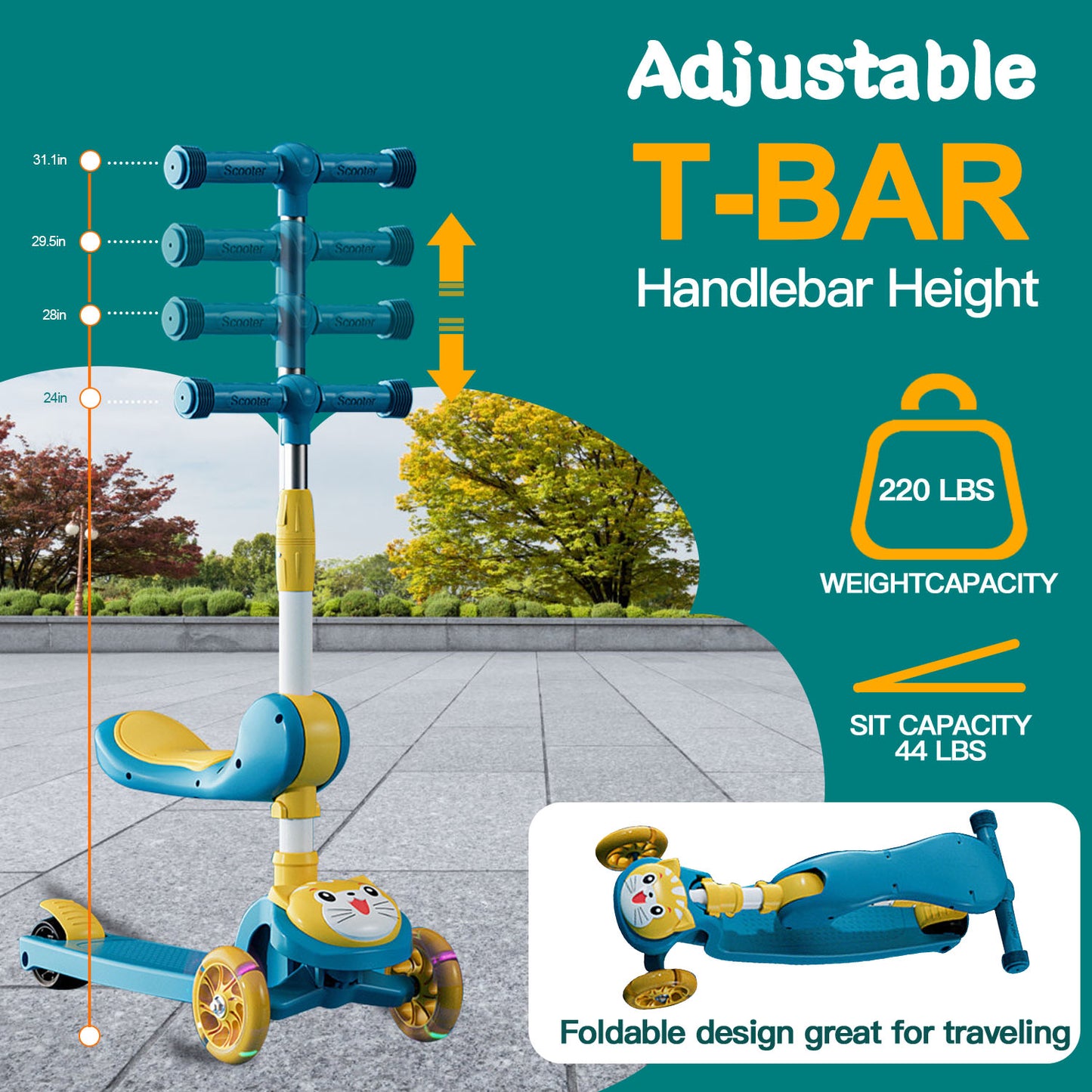 3 Wheel Scooter for Kids, Foldable Kids Kick Scooter with Light Up Wheels and Foldable Seat, Kids Scooter with Adjustable Height, Rear Brake and Music, Ride on Toys for for Girls Boys Kids 3 YO & up