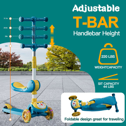 3 Wheel Scooter for Kids, Foldable Kids Kick Scooter with Light Up Wheels and Foldable Seat, Kids Scooter with Adjustable Height, Rear Brake and Music, Ride on Toys for for Girls Boys Kids 3 YO & up