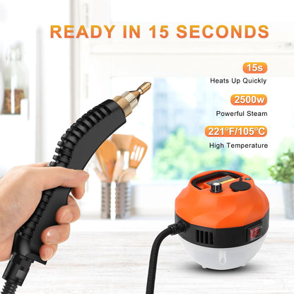 Portable Steam Cleaner 2500W High Temperature Pressurized Steam Cleaning Machine with Brush Heads for Kitchen Furniture Bathroom Car,Hard Floor Surface,Black+Orange