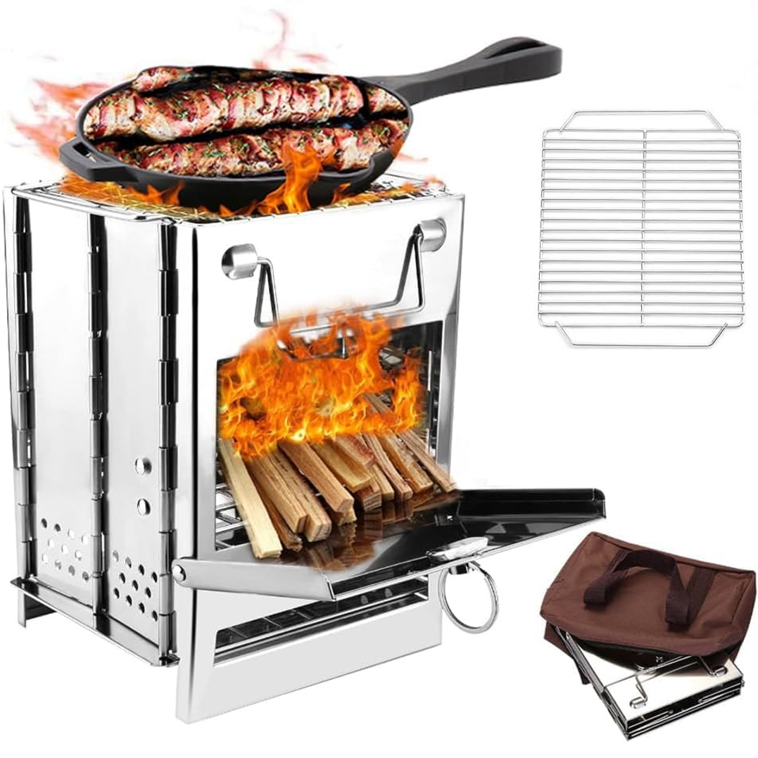 Camping Stove Portable Stainless Steel Backpacking Stove, Folding Lightweight Wood Burning Stove for Outdoor Survival Cooking Picnic Hunting, Mini BBQ Grill with Carry Bag