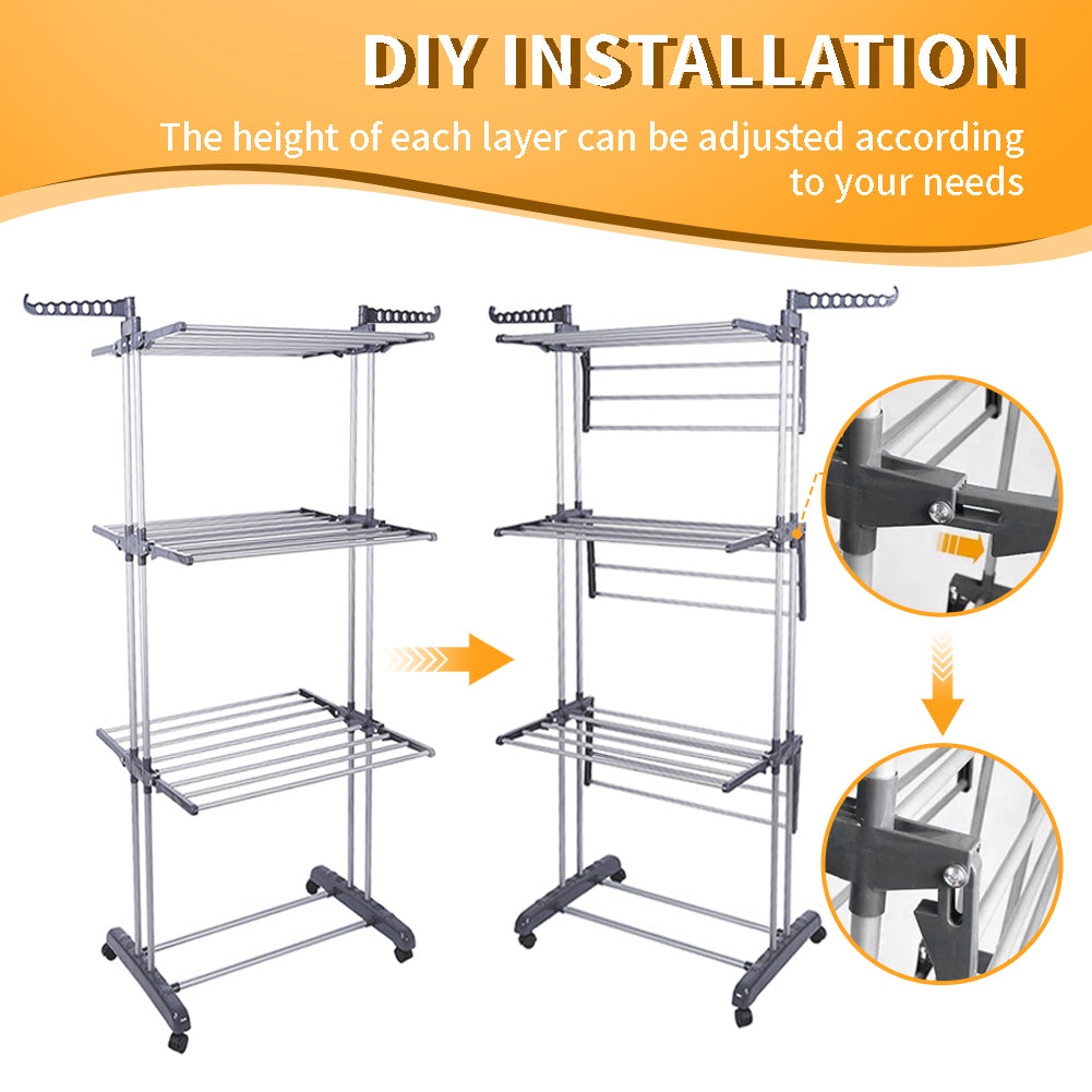 4-Tier Clothes Drying Rack w/ Casters, Clothes Dryer Hanger Stainless Steel Garment Laundry Racks Movable with Foldable Indoor Outdoor Bedroom Balcony