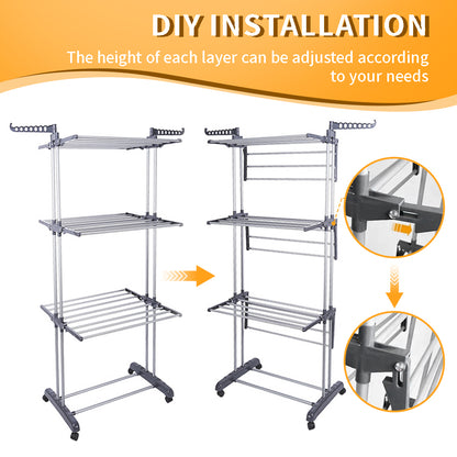 4-Tier Clothes Drying Rack w/ Casters, Clothes Dryer Hanger Stainless Steel Garment Laundry Racks Movable with Foldable Indoor Outdoor Bedroom Balcony