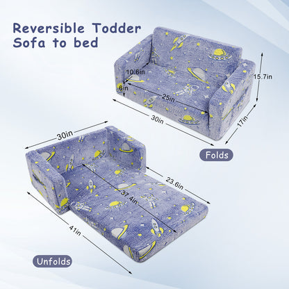 Toddler Couch, Toddler Chair Folding, Kids Couch 2 In 1, Kids Sofa for Playroom-Extra Soft 2 Seats, Glow In The Dark Open Couch, Gifts For Kids, Sleeper For Girls Boys,Blue