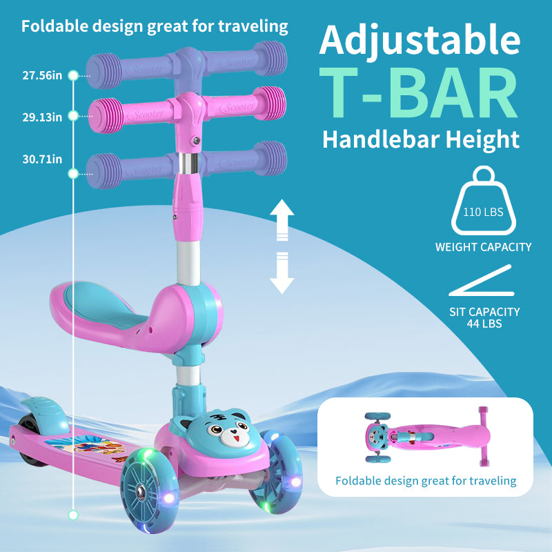 3 Wheel Scooter for Kids, Foldable Kids Kick Scooter with Adjustable Height and Light Up Wheels, Green Kids Scooter with Rear Brake and Music, Ride on Toys for for Girls Boys Kids Ages 3 and up