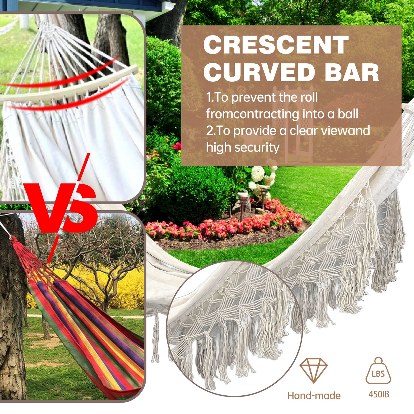 Double Hammock,2-Person Canvas Solid Wood Tassels Fishtail Knitting with Mounting Straps & Curved Rod & Carrying Bag for Outdoor Camping Patio Balcony, Beige