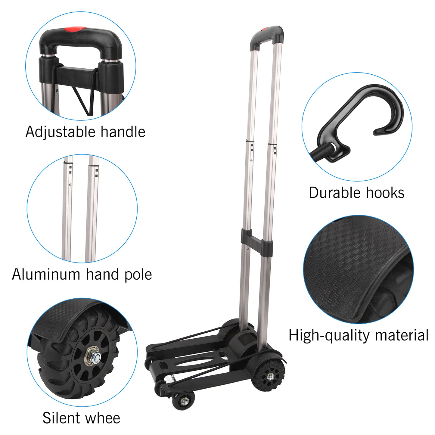Folding Hand Truck, Lightweight Luggage Cart Foldable, Iron Tube Luggage Trolley Dolly with 4 Rotate Wheels, Pull Rod, Collapsible for Moving Travel Shopping Airport Office