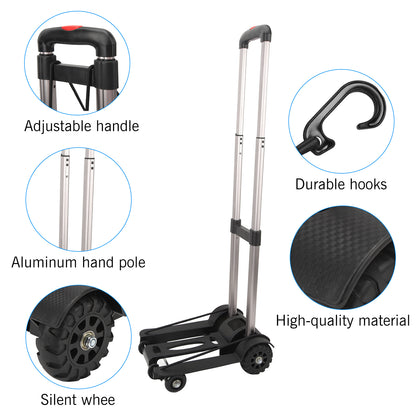 Folding Hand Truck, Lightweight Luggage Cart Foldable, Iron Tube Luggage Trolley Dolly with 4 Rotate Wheels, Pull Rod, Collapsible for Moving Travel Shopping Airport Office