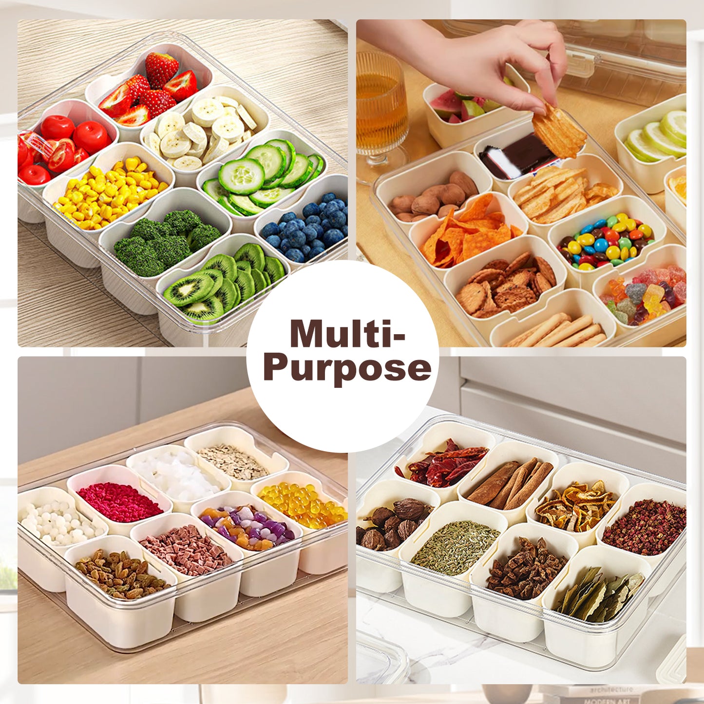 Divided Serving Tray with Handle,8 Compartments Snack Box, Portable Veggie Tray Snack Fruit Tray Portable Snack Platters -Clear Organizer for Candy, Fruits, Nuts, Snacks, Seasoning