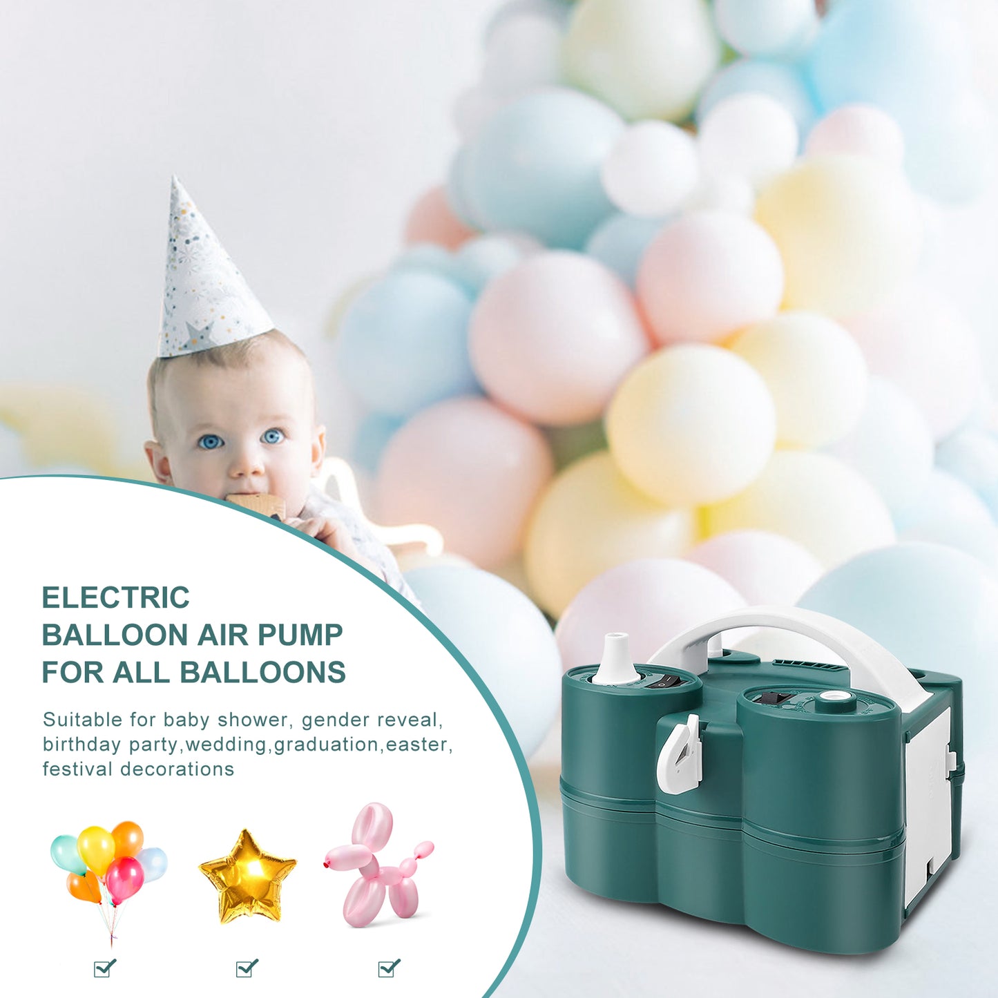 Electric Balloon Pump, 3-in-1 Air Pump for Inflatables and Balloons, for Latex 260q Foil Balloons, Quick-Fill 600W 110V AC Inflator Deflator for Pool Floats Air Mattress