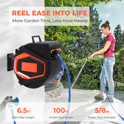 Retractable Garden Hose Reel 5/8 In X 100 Ft Automatic Wall Mounted Water Hose With 10 Pattern Nozzle Any Length Lock Slow Retraction 180 Swivel