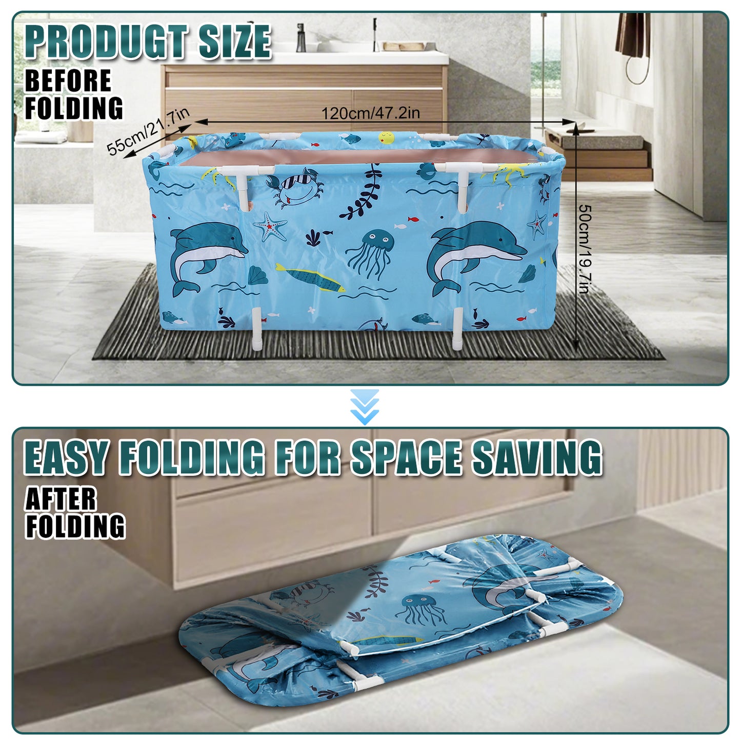 47in Foldable Bathtub Portable Soaking Bath Tub Ice Bathtub Hot Bathtub Bathing Tub for 2 Person With Back Pad for Shower Stall,Thickening with Thermal Foam to Keep