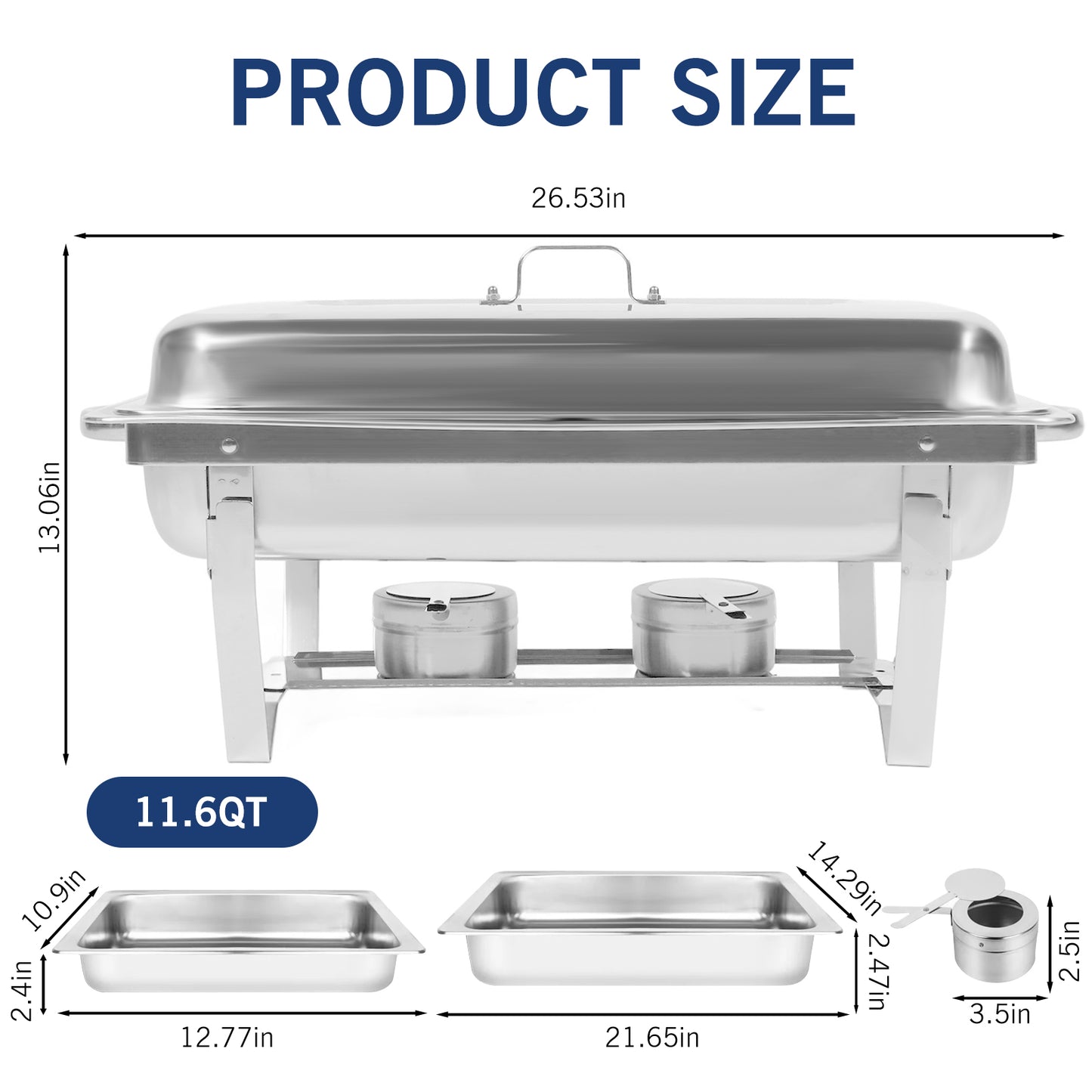 11.6 QT Stainless Steel Rectangular Chafing Dishes 2 Compartment for Buffet, Warmers Sets for Parties, Events, Wedding, Camping, Dinner