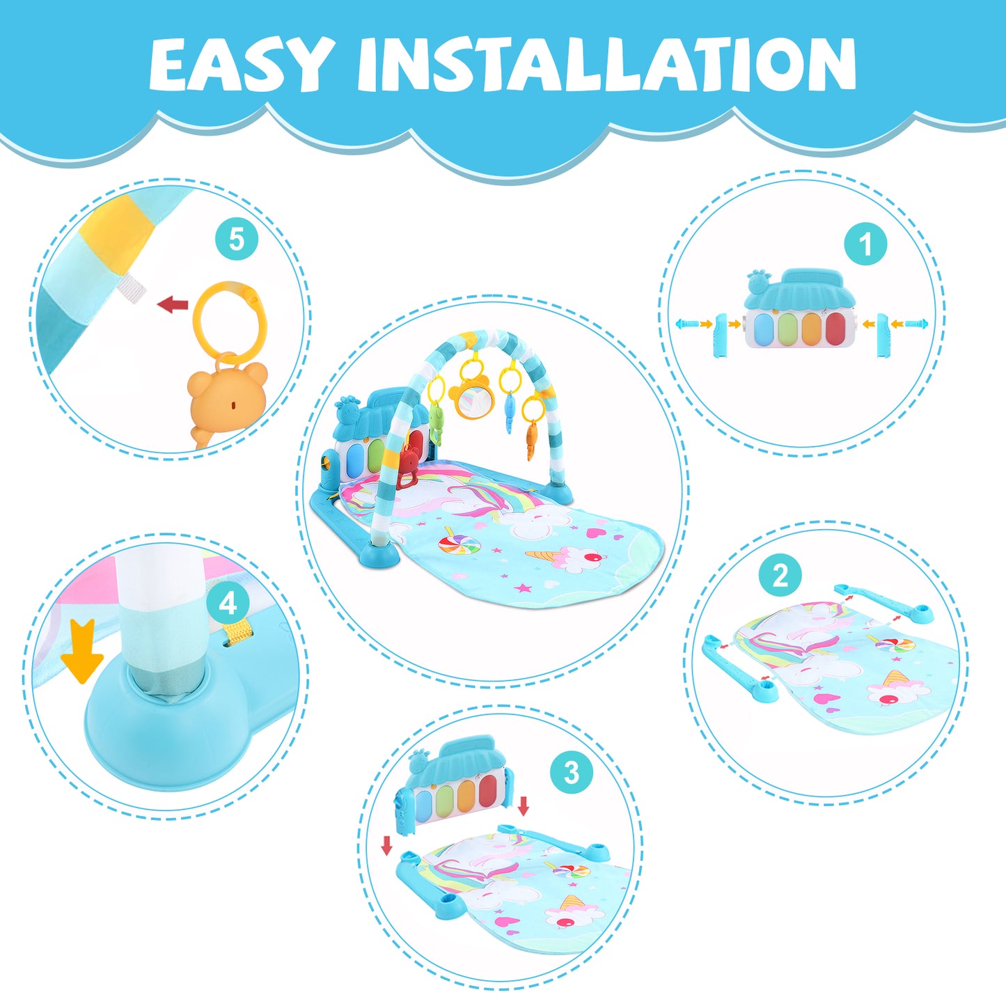 Baby Play Mat with Piano, Musical Activity Fitness Gym for Newborn, Infant Playmat Piano Suitable for 0-3 Year Boys and Girls Tummy Time, Blue