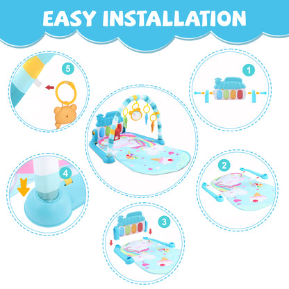 Baby Play Mat with Piano, Musical Activity Fitness Gym for Newborn, Infant Playmat Piano Suitable for 0-3 Year Boys and Girls Tummy Time, Blue