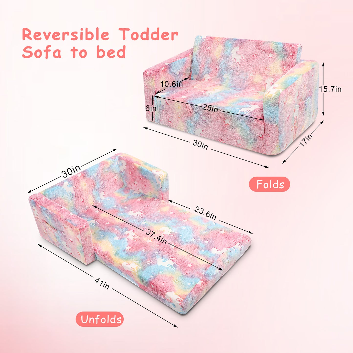 Toddler Couch, Toddler Chair Folding, Kids Couch 2 In 1, In The Dark Open Couch,Baby Convertible Sofa for Playroom Extra Wide Soft 2 Seats, Gifts For Kids, Sleeper For Girls Boys,Pink