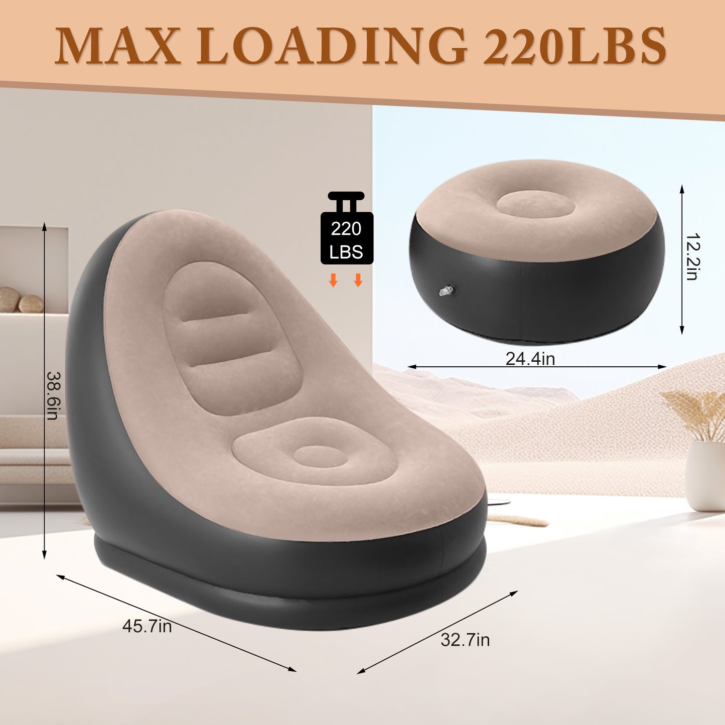 Portable Fast Inflatable Sofa Chair with Foot Stool & Air Pump, Folding Air Chair for Adults for Living Room, Room and Outdoor Camping Use,Coffee