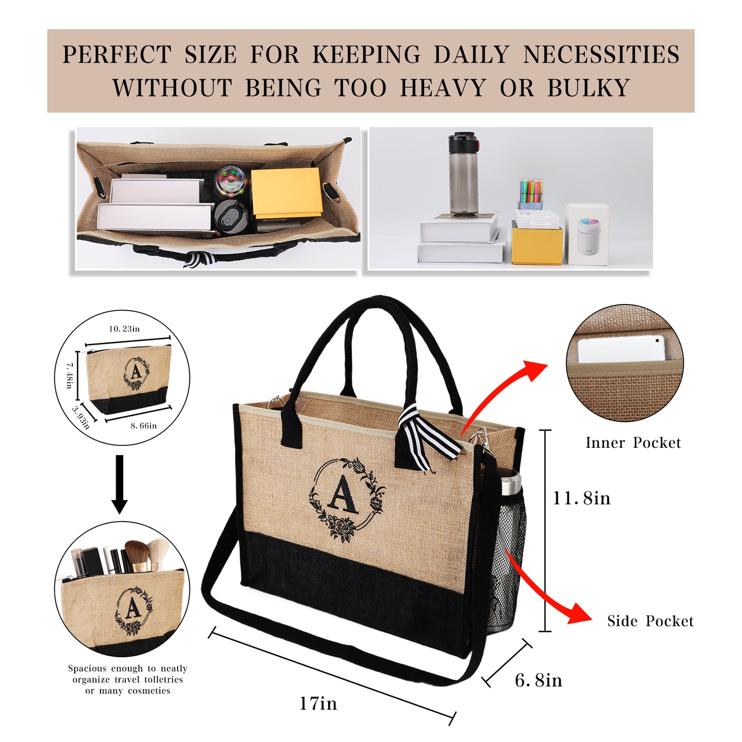 Initial Jute Tote Bag Set for Women, Makeup Bag with Pockets Adjustable Strap, Beach Tote Bag Travel Essential for Mothers Day Birthday Gifts
