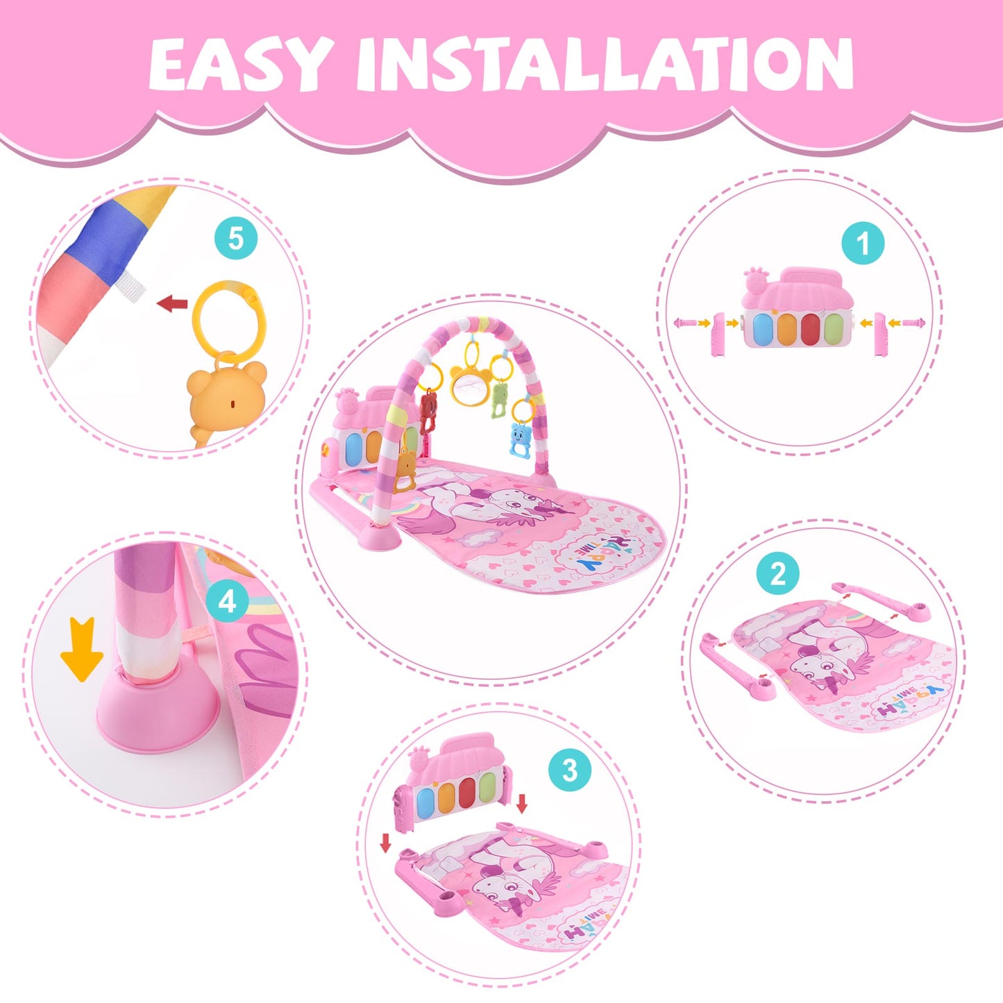 Baby Play Mat with Piano, Musical Activity Fitness Gym for Newborn, Infant Playmat Piano Suitable for 0-3 Year Boys and Girls Tummy Time, Pink