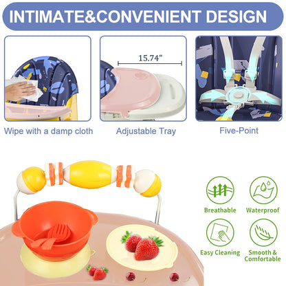 4-in-1 Baby High Chair, Convertible High Chair for Babies and Toddlers, Portable Folding Dining Chairs Eat & Play with Five-Point Harness, Double-Layer Dinner Plate, Toy Rack, Spoon, Fork, Bowl