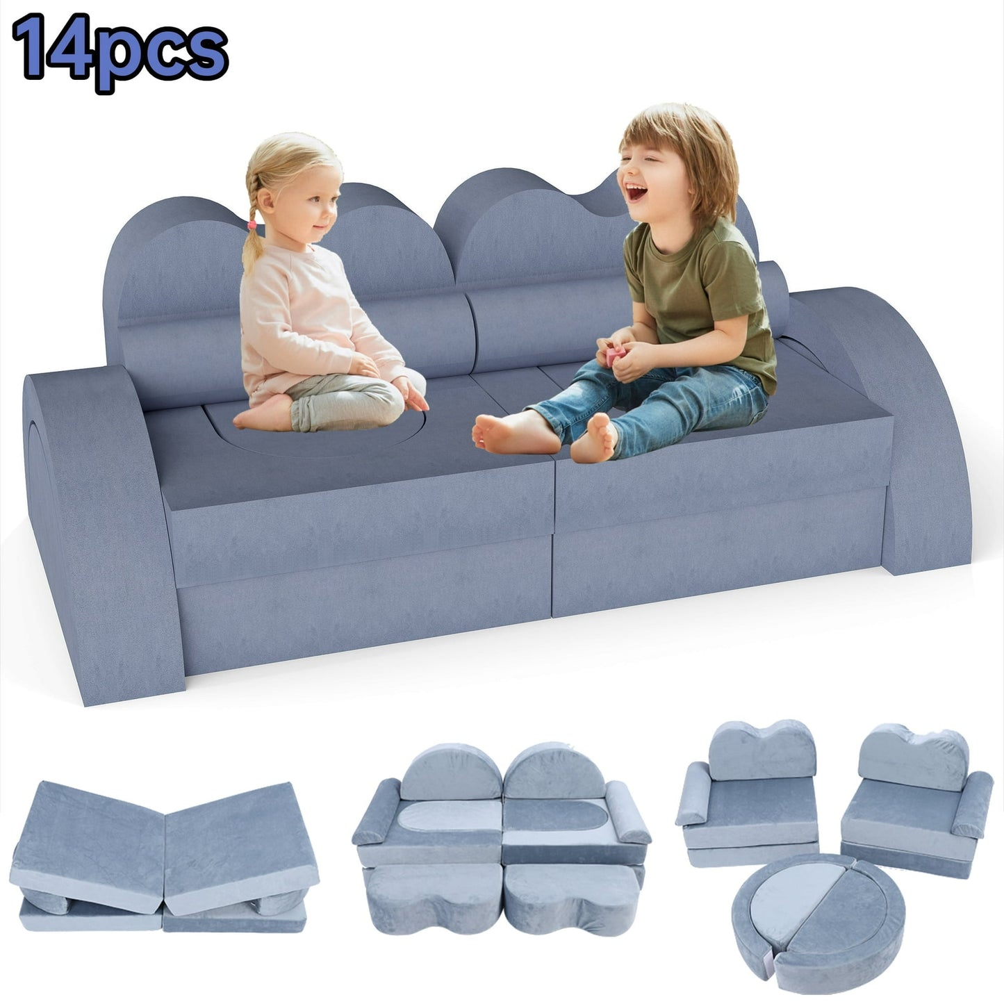 FAGINEY 14PC Modular Kids Play Couch, Foam Couch for Toddlers Set, DIY Toddler Sofa for Forts, for Boys and Girls, Gray