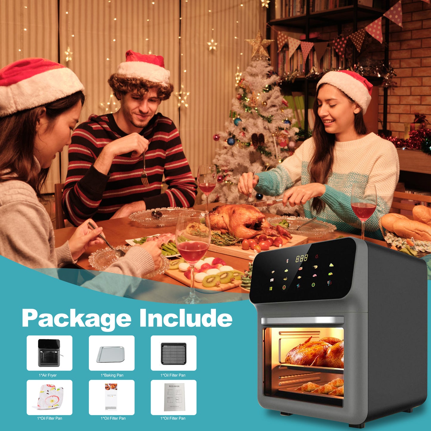 Stainless Steel Air Fryer 16QT Convection Oven with 5-in-1 Multi Function, Visible Window and Touchscreen, Black