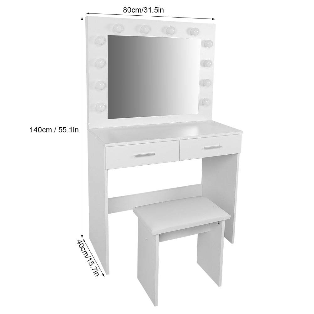 Vanity Table Set With LED, Drawers, and Stool, Nordic Style Dressing Table for Bedroom Dressing White