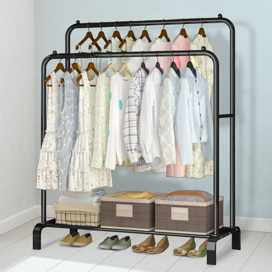 Double Rails Closet Clothes Rack with Bottom Shelves and 4 Hooks,Freestanding Clothes Organizer Rack for Hanging Clothes Black