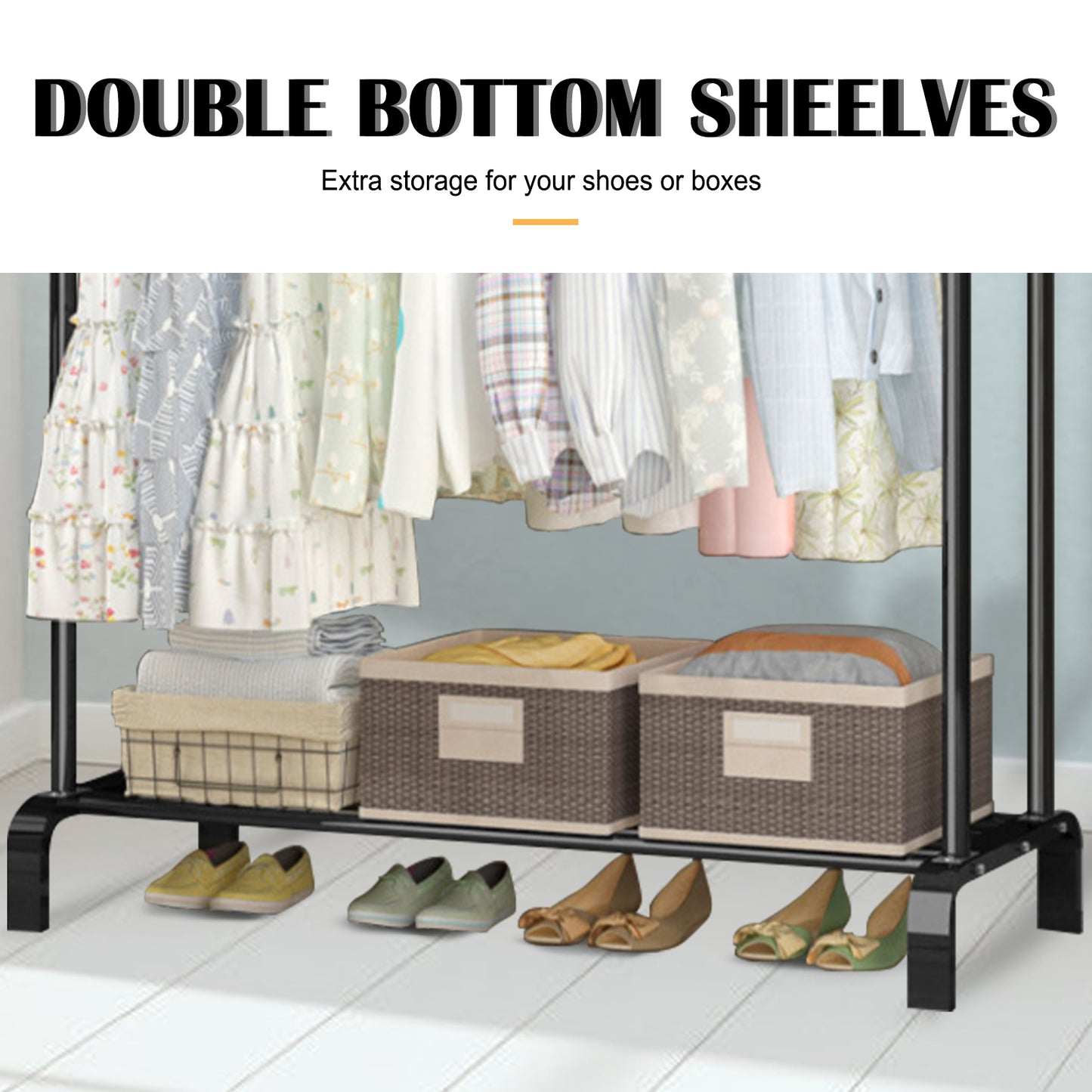 Double Rails Closet Clothes Rack with Bottom Shelves and 4 Hooks,Freestanding Clothes Organizer Rack for Hanging Clothes Black