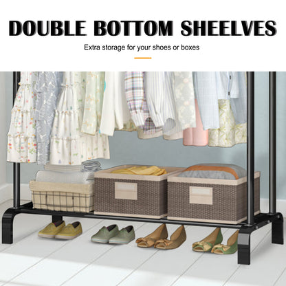 Double Rails Closet Clothes Rack with Bottom Shelves and 4 Hooks,Freestanding Clothes Organizer Rack for Hanging Clothes Black