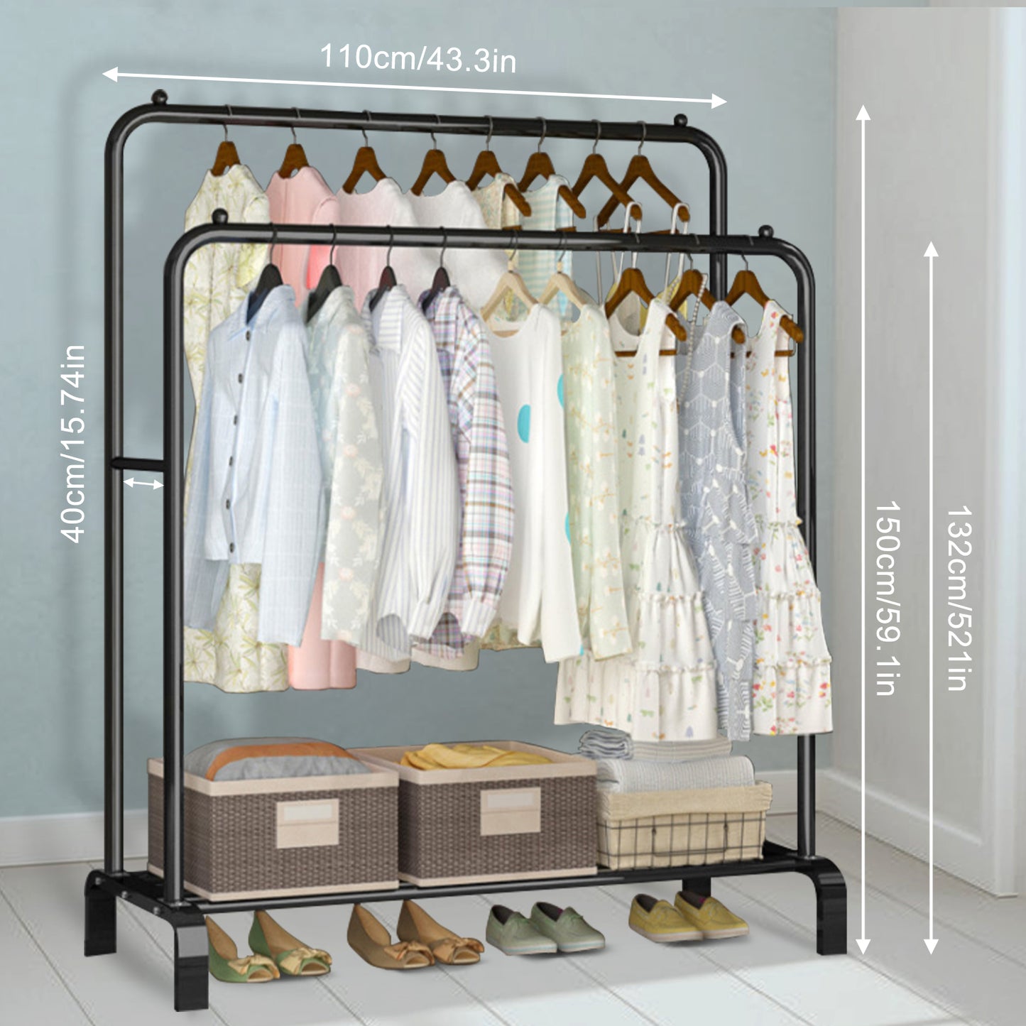 Double Rails Closet Clothes Rack with Bottom Shelves and 4 Hooks,Freestanding Clothes Organizer Rack for Hanging Clothes Black