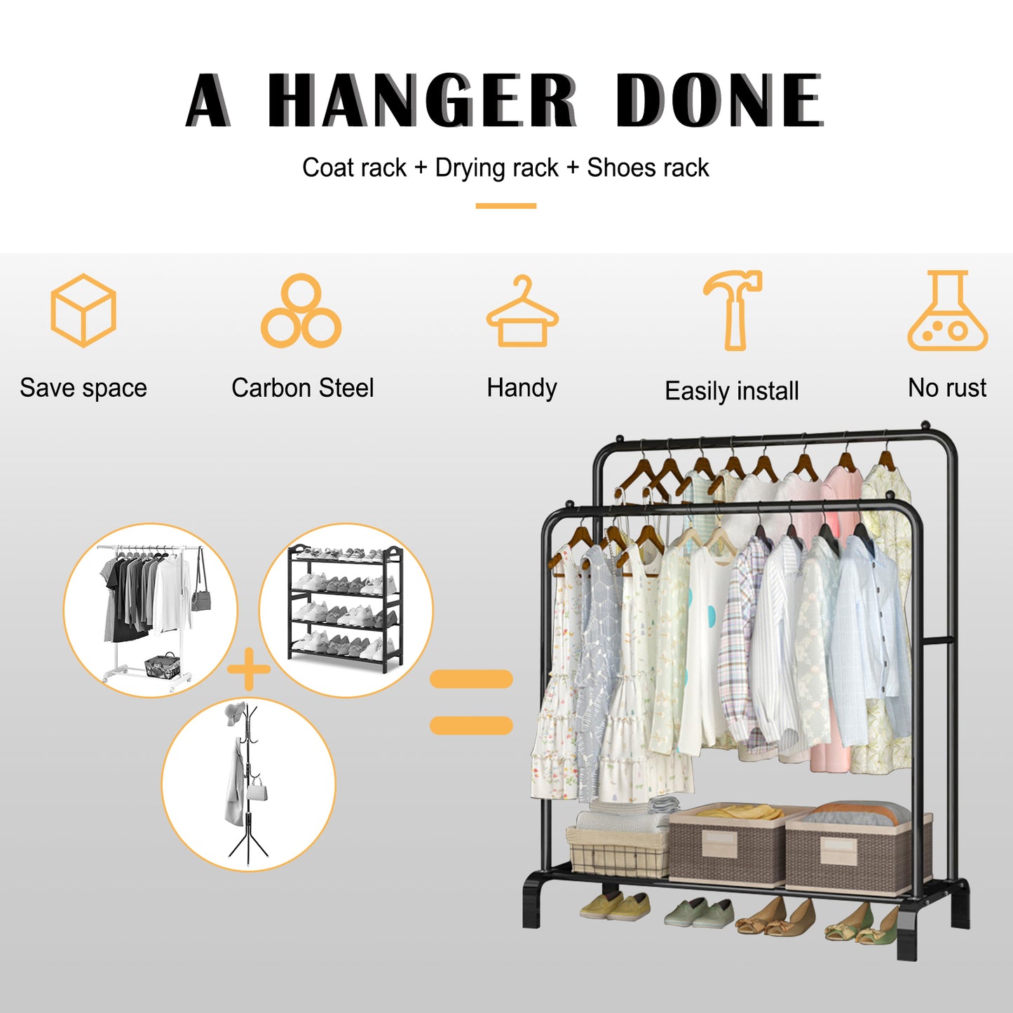 Double Rails Closet Clothes Rack with Bottom Shelves and 4 Hooks,Freestanding Clothes Organizer Rack for Hanging Clothes Black
