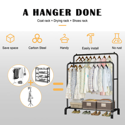 Double Rails Closet Clothes Rack with Bottom Shelves and 4 Hooks,Freestanding Clothes Organizer Rack for Hanging Clothes Black