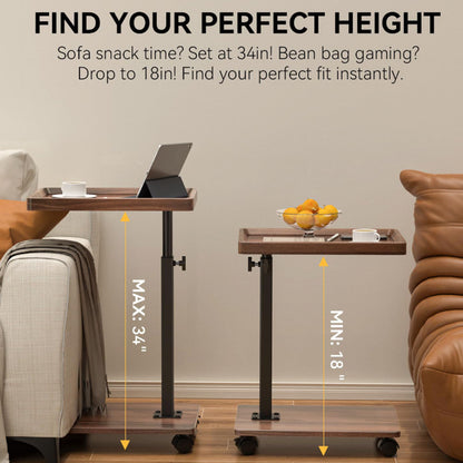 Adjustable Height C Shaped Side Table with Rolling Wheels, 360° Swivel Sofa End Table Mobile Laptop Desk for Couch Bed Reading Work
