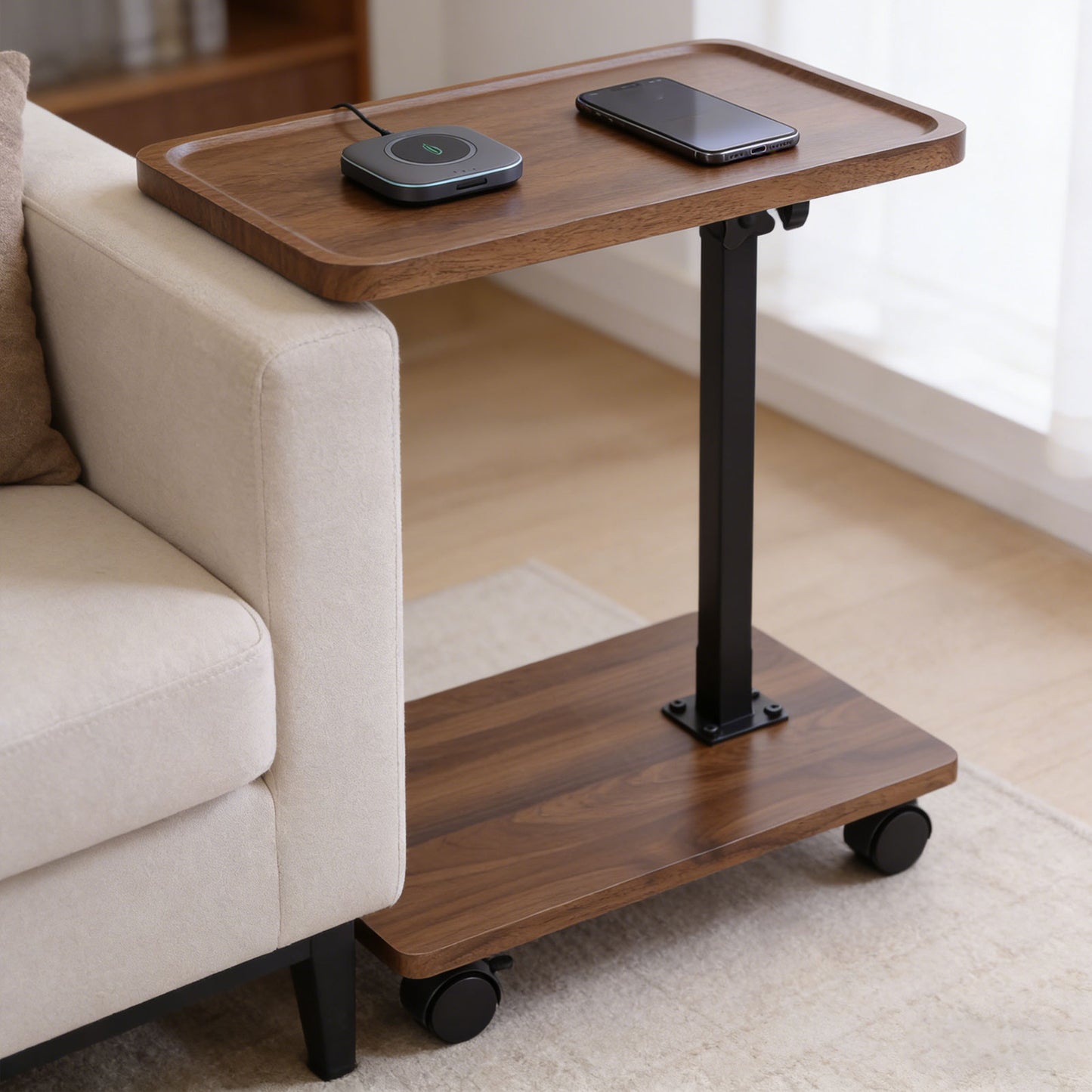 Adjustable Height C Shaped Side Table with Rolling Wheels, 360° Swivel Sofa End Table Mobile Laptop Desk for Couch Bed Reading Work