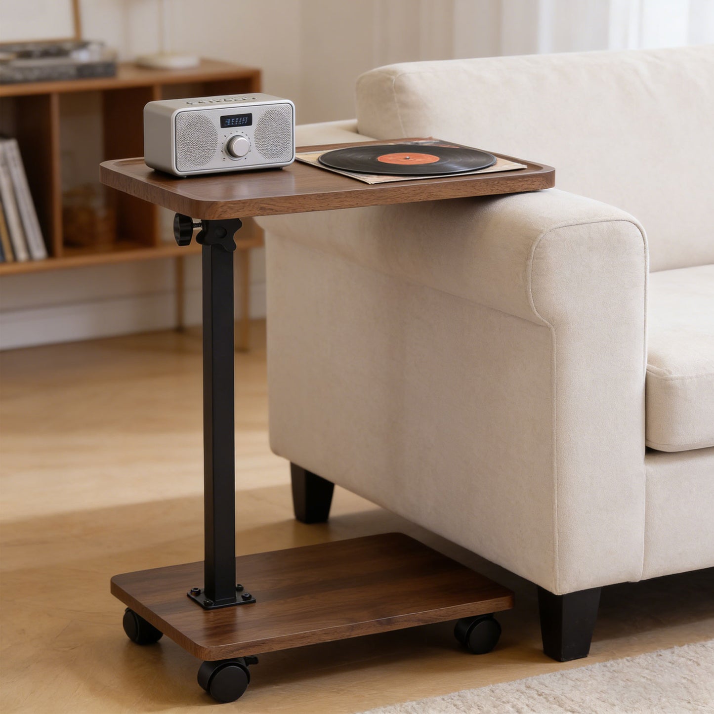 Adjustable Height C Shaped Side Table with Rolling Wheels, 360° Swivel Sofa End Table Mobile Laptop Desk for Couch Bed Reading Work