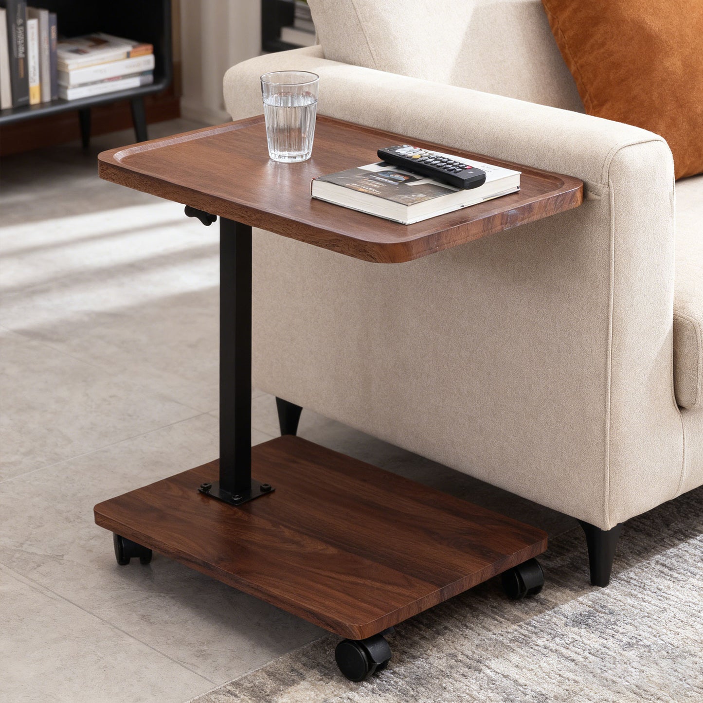 Adjustable Height C Shaped Side Table with Rolling Wheels, 360° Swivel Sofa End Table Mobile Laptop Desk for Couch Bed Reading Work
