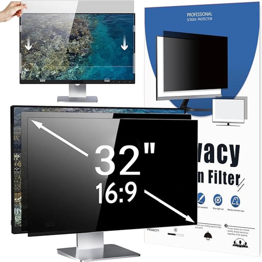 32 Inch Computer Privacy Screen Filter for 16:9 Widescreen Monitor, Removable Eye Protection Anti Glare Blue Light Filter Privacy Shield, Anti-Scratch Desktop PC Monitor Screen Protector Film