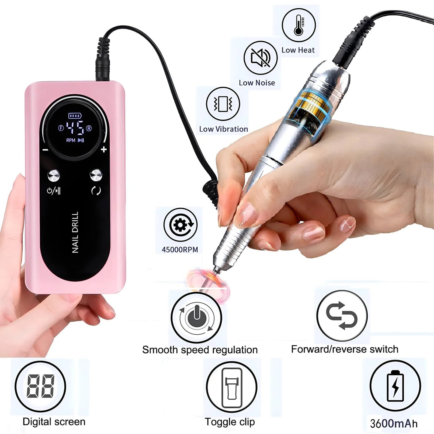 Electric Nail Drill, Cordless Portable Electric Nail File Set with 6 Bits, 45000RPM Professional Rechargeable Forward & Reverse Nail Drill Kit with Display, for Acrylic Nails/DIY Manicure & Pedicure