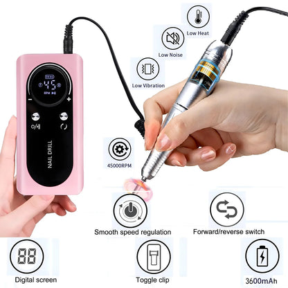 Electric Nail Drill, Cordless Portable Electric Nail File Set with 6 Bits, 45000RPM Professional Rechargeable Forward & Reverse Nail Drill Kit with Display, for Acrylic Nails/DIY Manicure & Pedicure