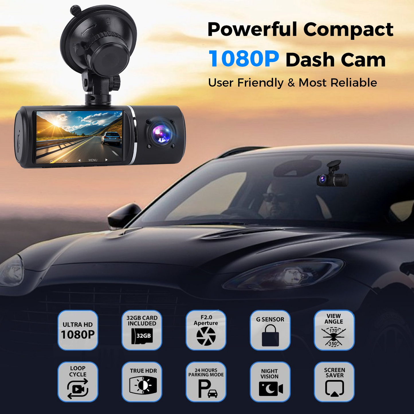 3 Channel Dash Cam Front and Rear, 1080P Dash Camera for Cars, 2.5" IPS Screen Three Way Dashcam with Night Vision, G-Sensor, Loop Recording, 24Hr Parking, DVR, with 128GB Card