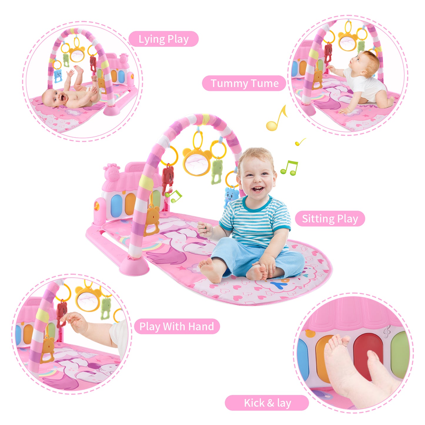 Baby Play Mat with Piano, Musical Activity Fitness Gym for Newborn, Infant Playmat Piano Suitable for 0-3 Year Boys and Girls Tummy Time, Pink