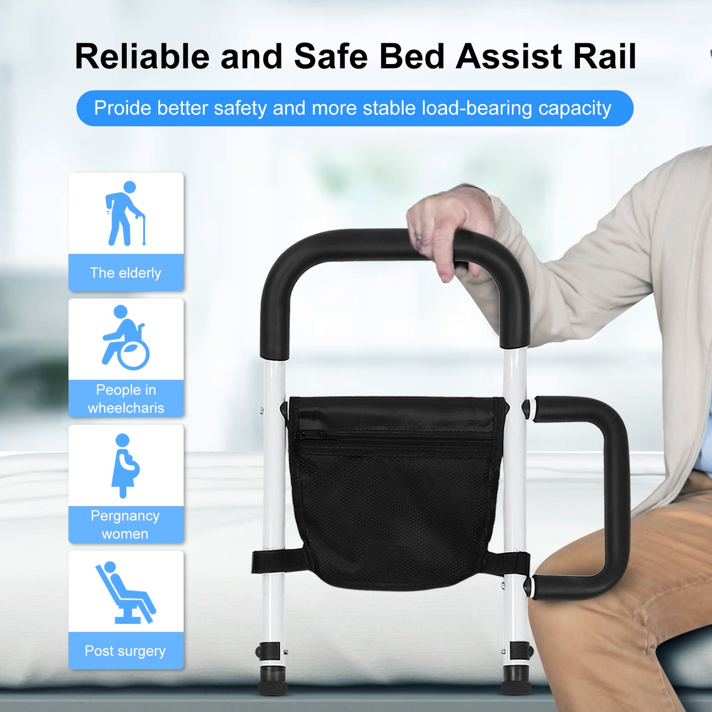 Bed Rails for Adults Seniors with Storage Pocket, Bed Assist Rail with Grab Bars for Easily Getting in & Out of Bed, Fits King, Queen, Full, Twin Bed, Support Up to 300lbs