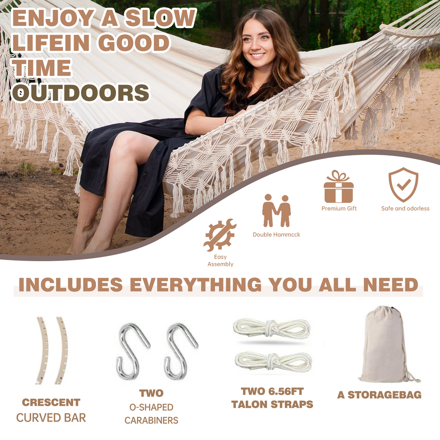 Double Hammock,2-Person Canvas Solid Wood Tassels Fishtail Knitting with Mounting Straps & Curved Rod & Carrying Bag for Outdoor Camping Patio Balcony, Beige
