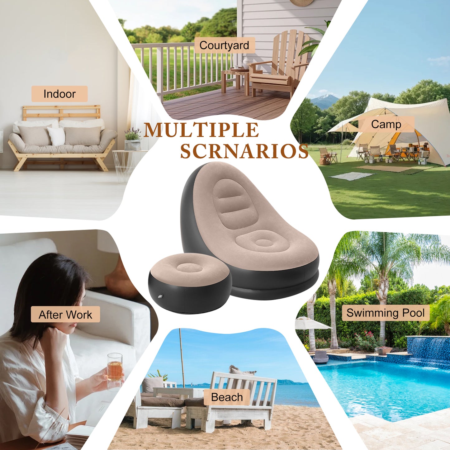 Portable Fast Inflatable Sofa Chair with Foot Stool & Air Pump, Folding Air Chair for Adults for Living Room, Room and Outdoor Camping Use,Coffee